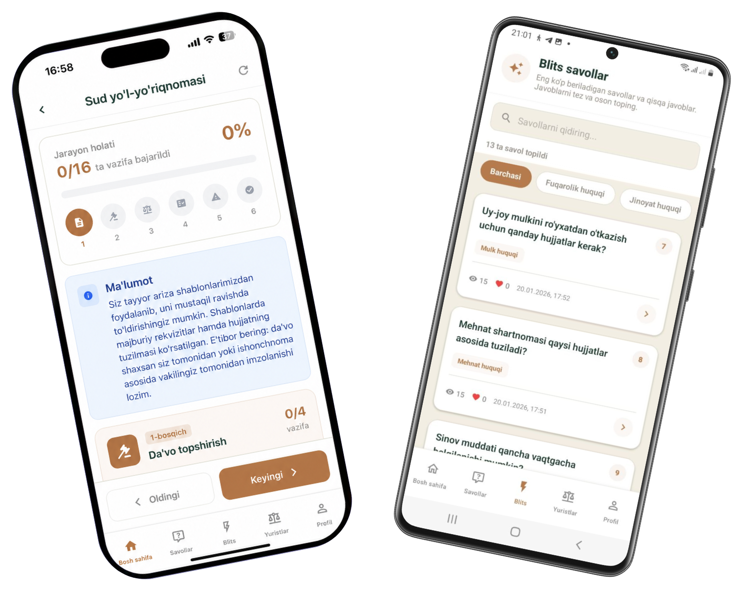 MyYurist ilovasi — mobil ilova ekranlari